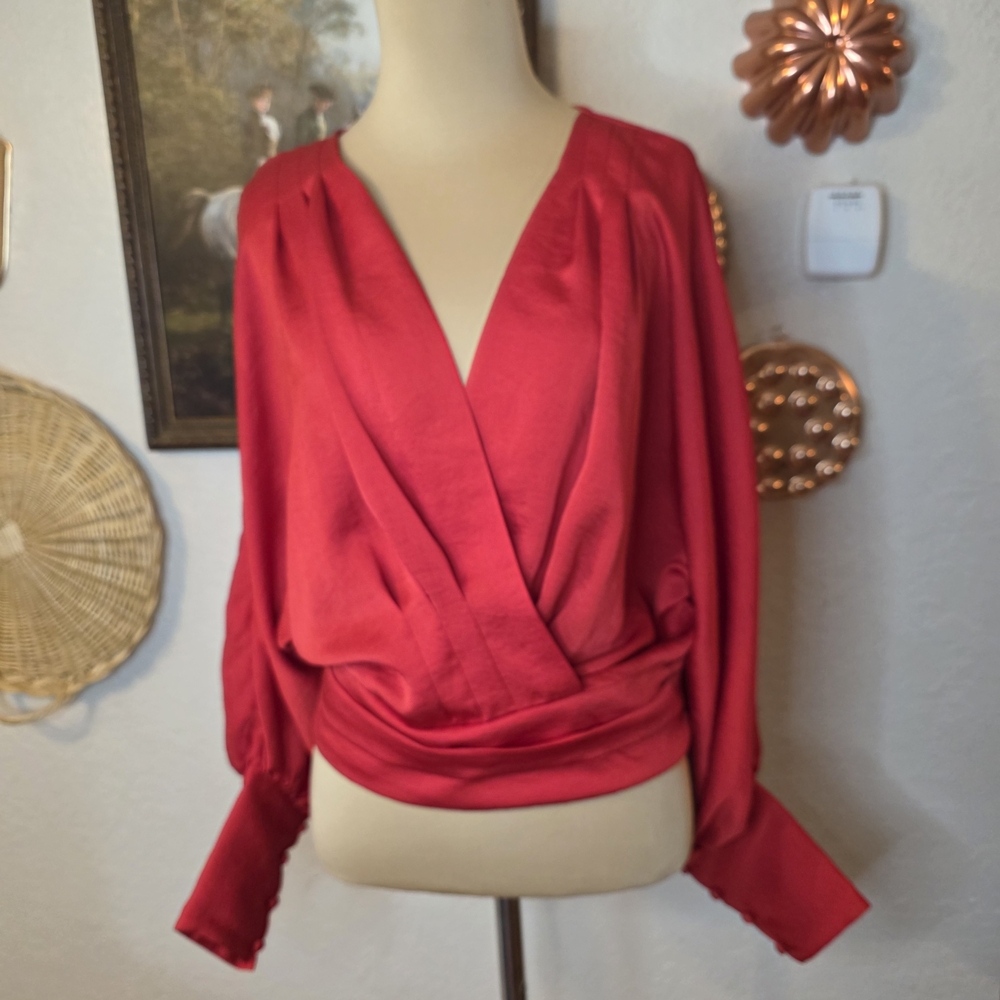 Express Red Satin Faux Wrap Surplice Blouse Mobwife Dark Feminine Going Out